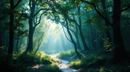 Fototapeta premium Enchanted Forest with Sunlight Rays and Serene Stream