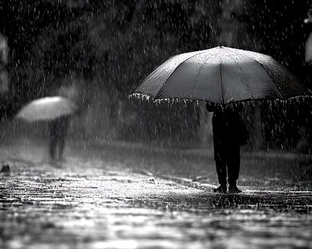 A solitary person standing under a large umbrella in rain