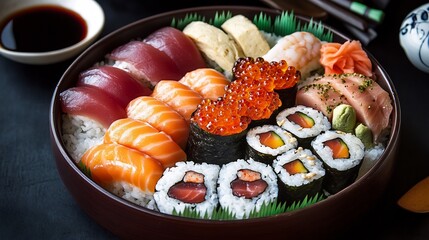 Japanese chirashi sushi bowl assorted sashimi tamago and ikura salmon roe arranged artfully over sushi rice