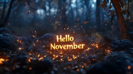 Illuminated words greet autumn in a blurred forest background scene