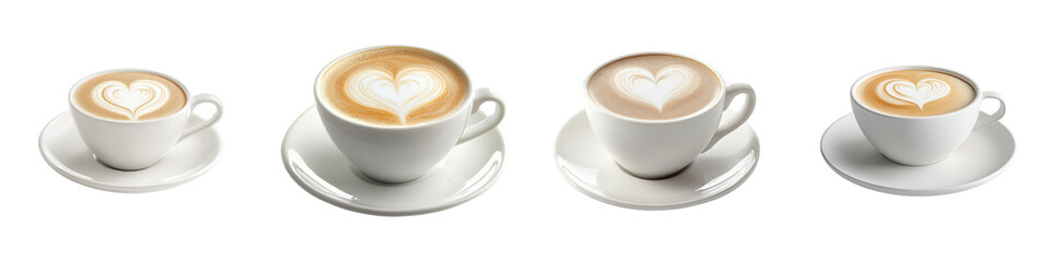 Four coffee cups featuring latte art heart designs.