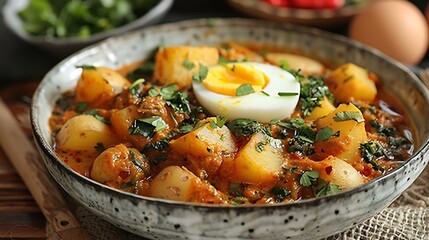 Nepalese aloo tama eggs potato and bamboo shoot curry served in white ceramic bowl