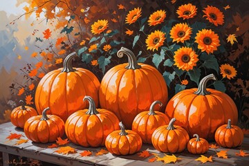 Fototapeta premium Colorful Pumpkin Oil Painting Celebrating Autumn Festivities and Love