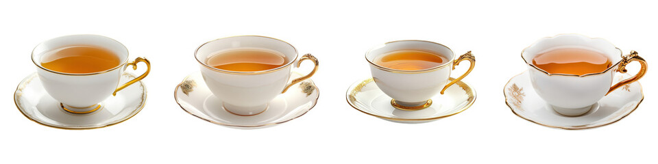 Four ornate teacups filled with golden liquid on matching saucers gilded detailing adorns the elegant porcelain set.