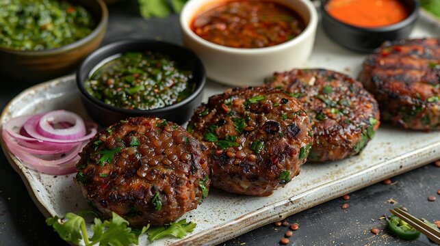 Pakistani shami kabab vegetarian version lentils and eggs arranged on white ceramic tray