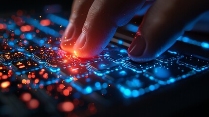 Close-up of fingers typing on glowing keyboard.