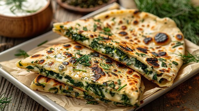 Pakistani spinach cheese paratha with yogurt dip folded and placed on white ceramic tray