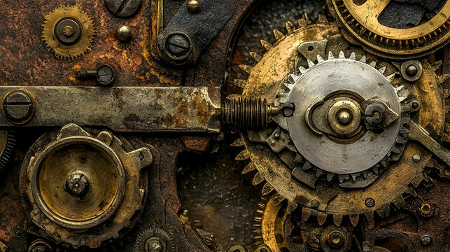 Rusty clockwork gears intricate mechanism background industrial texture