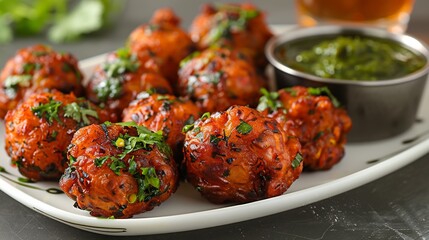 Fototapeta premium Pakistani vegetable pakoras tamarind chutney served on a clean white plate