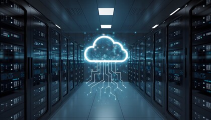 Cloud Computing Data Center: A futuristic view inside a data center, illuminated by a glowing cloud graphic, highlighting the concept of cloud computing and data storage. 