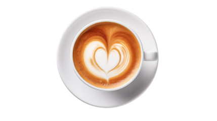 Aerial view of a cup of coffee with a heart shaped design on the foam on a white saucer setisolated on transparent background	