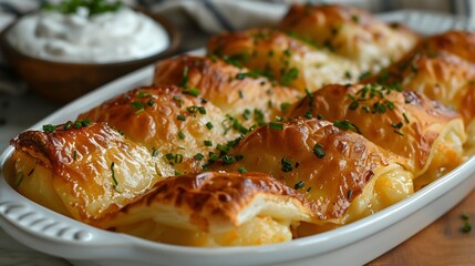 Polish pierogi dumplings filled potato and cheese arranged on white ceramic dish with sour cream