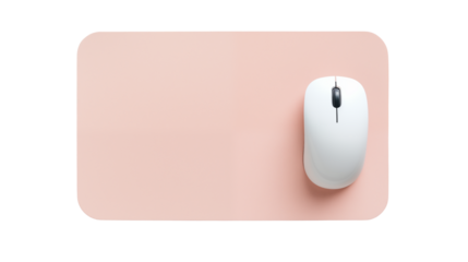 A top view of a white mouse on a pink mousepad showcasing modern office accessories setup  isolated on transparent background	