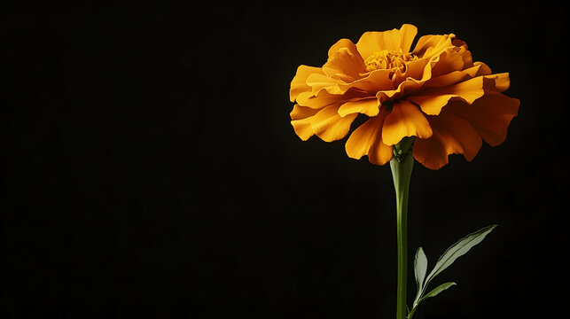 Single orange marigold flower against black background;  perfect for sympathy cards or memorial designs