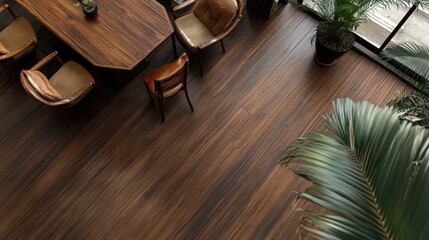 Stylish Modern Interior with Wood Flooring, Cozy Furniture, and Green Plants in Bright Space