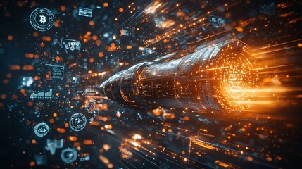 Futuristic rocket speeding through digital data stream.