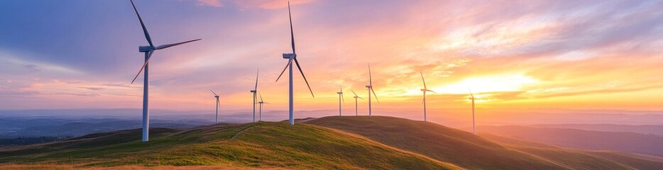 Obraz premium Wind turbines stand on a green hill at a vibrant sunrise
