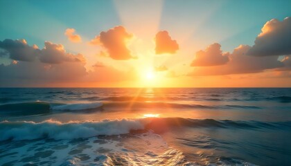A breathtaking seascape captures the radiant glow of a sunset over the ocean