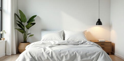 Minimalist scandinavian style bedroom with white pillows, pillow, bedding