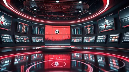 Futuristic sports broadcasting studio with red lighting digital screens and soccer graphics in circular layout

 - Powered by Adobe