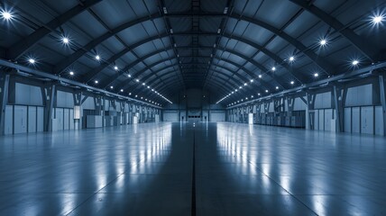Spacious Warehouse: An expansive warehouse interior featuring a vast, open floor plan, arching roof and strategically placed lighting, all captured in cool, atmospheric tones.