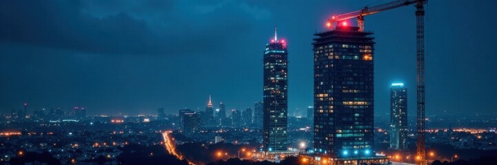 Obraz premium Modern luxury skyscraper under construction with LED lights at night , skyscraper, LED, nighttime