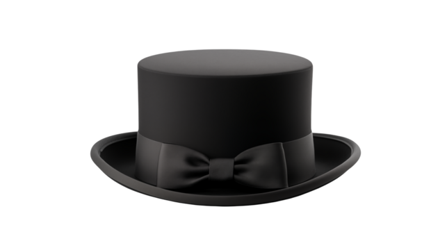 A digitally rendered image of a black top hat with a bow tie against a black backgroundisolated on transparent background
