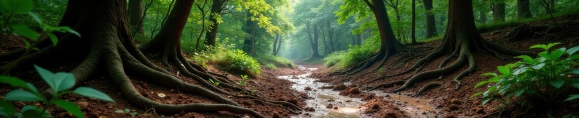 Obraz premium Muddy forest landscape with twisted tree roots and overgrown vegetation, rugged, decayed