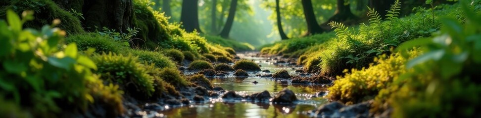 Fototapeta premium Muddy terrain with moss and ferns, overgrown vegetation , decay, wilderness