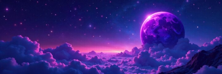 Fototapeta premium Mysterious purple planet against starry night sky, purple planet, cosmic