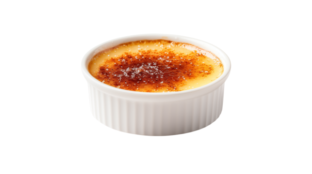 Close up shot of a creme brulee in a white ramekin against a black background in studio lightisolated on transparent background	 - Powered by Adobe