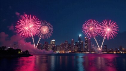 Fototapeta premium New Year fireworks display over city skyline at night, city skyline, urban landscape, nighttime sky