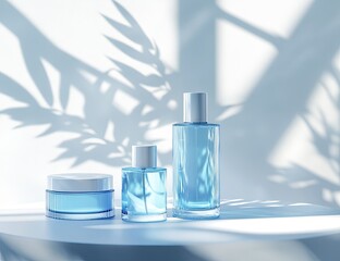 Light Blue Skincare Products Displayed on a White Surface with Natural Shadow
