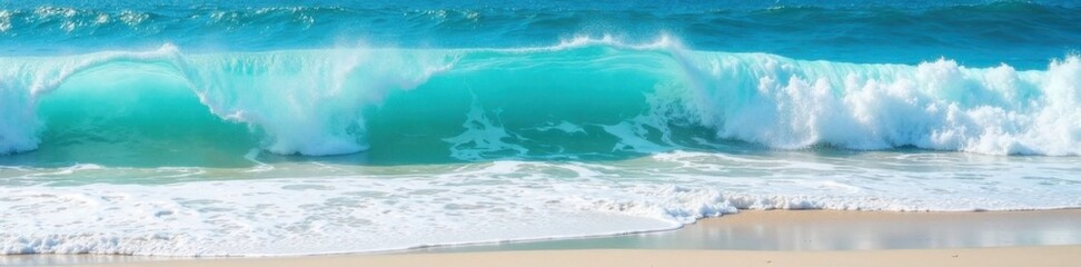 Fototapeta premium Ocean waves crashing on the shore with foam and blue turquoise water texture , blue, turbulence