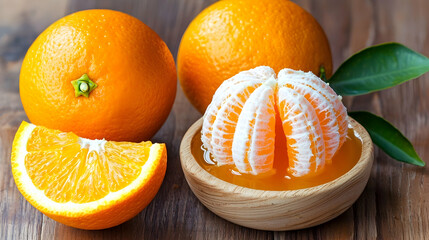 Juicy oranges peeled on wooden table, ready to eat, healthy breakfast
