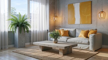 Fototapeta premium Generative AI, Modern Brutalist Living Room with Yellow Accents