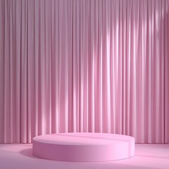 A pink stage platform stands before a curtained backdrop setting