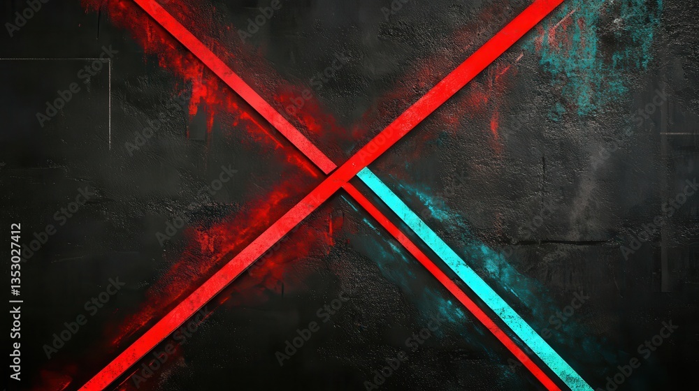 Poster a bold geometric composition with neon red and cyan lines intersecting on a textured black backgroun