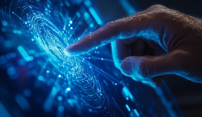 Fingertip touch on futuristic digital interface, glowing light effects, abstract background