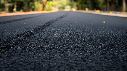 Newly paved road, asphalt texture, trees background, transportation infrastructure