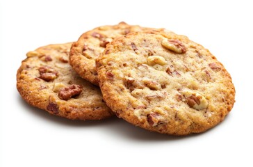 Delicious homemade cookies with chunks of nuts and a golden brown texture on a pristine white background, perfect for food photography and dessert illustrations