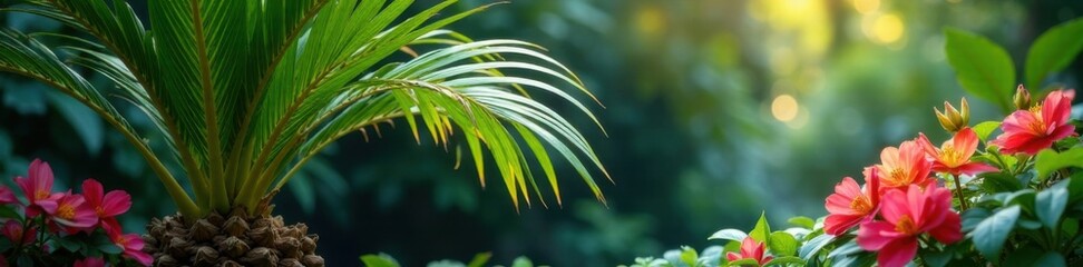 Naklejka premium Palm fronds cluster on a slender trunk surrounded by vibrant flowers and lush foliage , tropical, branches, jungle