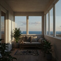 Naklejka premium Elegant Glass Terrace with Rustic Charm – A Cozy and Minimalist Outdoor Retreat with Panoramic Views