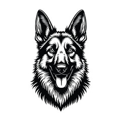 High-Quality German Shepherd Silhouette for T-Shirts and Tattoos, Stylized German Shepherd Dog Head Logo Design, Detailed Black and White German Shepherd Vector Illustration