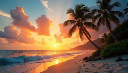 Palm trees sway in ocean breeze on sandy beach at sunset, sandy, palm trees