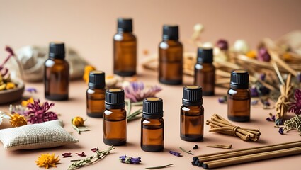 An aesthetic composition of small amber glass bottles filled with essential oils, surrounded by dried flowers, herbal sachets, and natural incense sticks. 