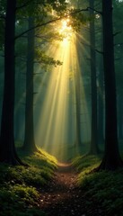 Fototapeta premium Panoramic forest landscape with sunbeams filtering through trees, forest, nature