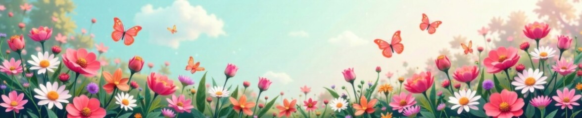 Fototapeta premium Pastel-colored garden with flowers and butterflies, greenery, whimsical
