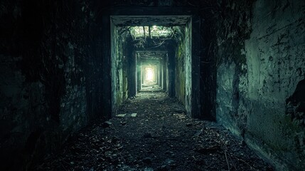 Obraz premium A long and dark tunnel, with visible light at the exit, surrounded by walls covered in green vegetation and an ominous presence.