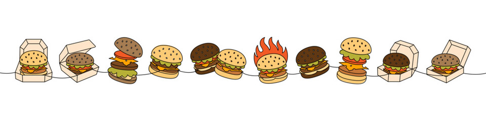 Burger set one line colored continuous drawing. Traditional American fast food. Hand drawn elements for cafe menu, restaurants.